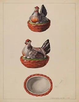 Iams J Howard Prints: Hen on Basket, 1937. Creator: J. Howard Iams