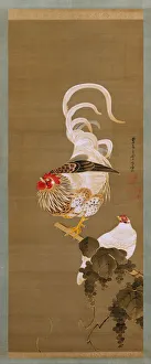 Jakuchu Ito Prints: Hen and Rooster with Grapevine, 1792. Creator: Ito Jakuchu