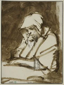 Brown Wash Prints: Hendrickje Stoffels sitting by a window with open eyes