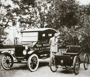 Car Manufacturer Prints: Henry Ford, American car manufacturer, with two of his cars, USA, 1924
