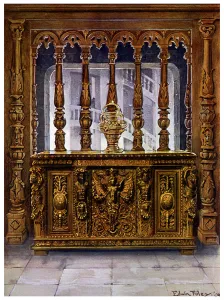 Images Dated 27th February 2009: Henry II carved coffer or bahut and oak screen of the same French Period, 1910.Artist: Edwin Foley