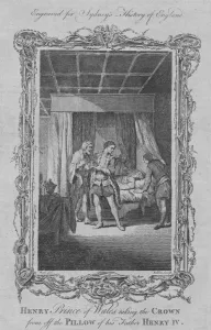 Disease Prints: Henry Prince of Wales taking the crown from off the pillow of this father Henry IV, 1773