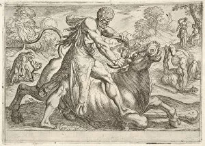 Hercules and Achelous: at center Hercules grasps the horns of a bull while pressing his
