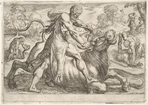 Hercules Prints: Hercules and Achelous: at center Hercules grasps the horns of a bull while pressing his ri