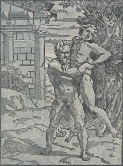 Lifting Gallery: Hercules and Antaeus, ca. 1517-18. Creator: Ugo da Carpi