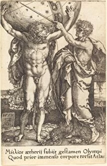 Latin Text Gallery: Hercules and Atlas, 1550. Creator: Heinrich Aldegrever