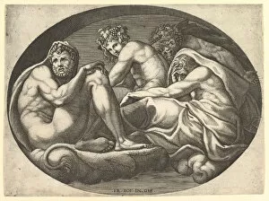 Primaticcio Francesco Collection: Hercules, Bacchus, Pan, and Saturn, from a series of eight compositions after Francesco P