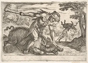 Tempesta Prints: Hercules and the Boar of Erymanthus: Hercules holds down the boars snout with his left