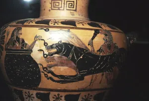 Hercules Prints: Hercules bring Cerberus to Eurystheus (sheltering in the large jar), c6th century BC