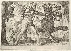 Club Gallery: Hercules and Cerberus: Hercules grasps the collar of Cerberus, two demons appear at left