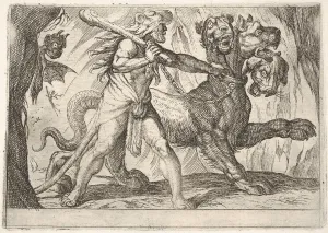 Action Prints: Hercules and Cerberus: Hercules grasps the collar of Cerberus, two demons appear at left