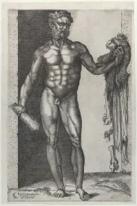 Pelt Prints: Hercules with his Club and Lion Skin, 1548. Creator: Anon