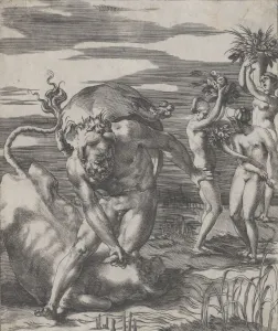 Achelous Gallery: Hercules defeating the river god Achelous in the form of a bull, with three women t... ca. 1526-27