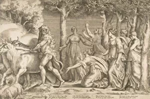 Engraving And Etching Gallery: Hercules driving off the cattle of Geryon, at the right are the nymphs of Hesperides