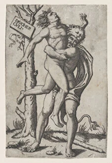 Hercules, grasping Antaeus at the waist with both arms and lifting him off his fe... ca. 1500-1550