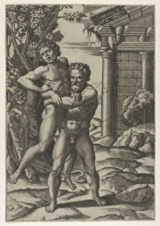 Hercules holding Antaeus by the waist and lifting him off his feet, ca. 1520-22.. Creator: Marcantonio Raimondi