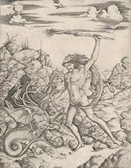 Mythological Creature Gallery: Hercules and the Hydra; wielding a torch he attacks the winged, multi-headed Hydr... ca