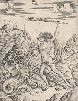 Mythical Beast Collection: Hercules and the Hydra; wielding a torch he attacks the winged, multi-headed Hydr... ca