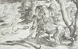 Labours Of Heracles Prints: Hercules and the Nemean Lion, 1608. Creators: Antonio Tempesta, Nicolaus van Aelst