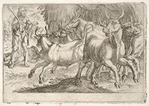 Hercules and the Oxen of Geryones: with a club raised by his right hand