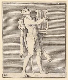 Cut Out Prints: Hercules playing a lyre, a lionskin draped over his shoulder, published ca. 1599-1622
