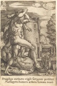 Labours Of Heracles Prints: Hercules Slaying the Dragon, 1550. Creator: Heinrich Aldegrever