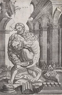 Hercules Strangling the Nemean Lion, dated 1528. Creator: Agostino Veneziano