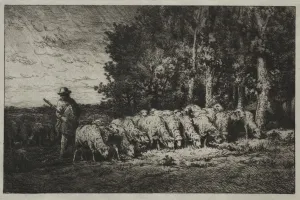Charlesemile Jacque French Prints: A Herd at the Edge of a Forest, 1880. Creator: Charles-Emile Jacque (French, 1813-1894)