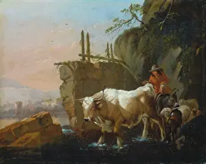 Ford Prints: Herdsmen Driving Cattle through a Ford, 1670. Creator: Johann Heinrich Roos