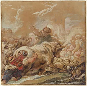 Herdsmen Driving Cattle across a Stream, c. 1760. Creator: Jean-Baptiste Deshays