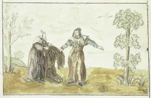 Geesie Ter Burch Prints: Hermit gives a lady his cloak, c.1641-before 1648. Creator: Gesina ter Borch