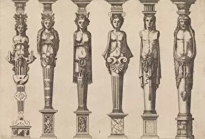 Herm Collection: Six herms, four female and two male, with Hercules at far right, ca. 1565