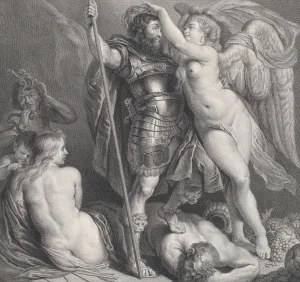 Hero crowned by Victory, who places a laurel wreath on his head, Venus and Cupid