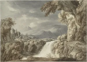 Grey And Brown Colour Prints: Heroic landscape with waterfall, c