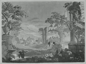 Heroic Landscape with Watering Place, Riders, and Obelisk, 1744. Creator: John Baptist Jackson