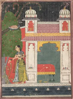 Love Story Gallery: A Heroine Plucking a Flower: Page from a Dispersed Nayikabheda, ca. 1660-80. Creator: Unknown