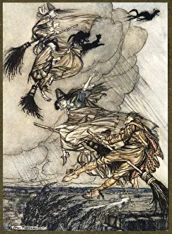 Brooms Gallery: Hey! Up the chimney, lass! Hey, after you!, from The Ingoldsby Legends, pub. 1907