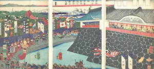 Triptych Of Polychrome Woodblock Prints Gallery: Hideyoshi and His Troops Leaving Nagoya Camp (Mashiba Hideyoshi ko nagoya jin saki