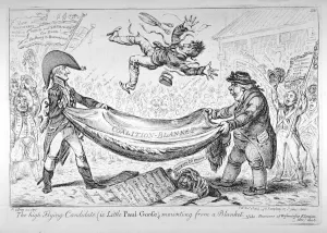 Gillray Collection: The high-flying candidate, (ie Little Paul-Goose), mounting from a blanket, 1806