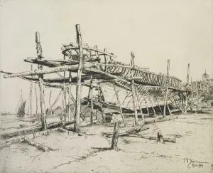 Ship Building Prints: High noon in the boatyard, Rye, 1909. Creator: Martin Hardie