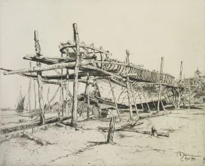 Ship Building Prints: High noon in the boatyard, Rye, 1909. Creator: Martin Hardie