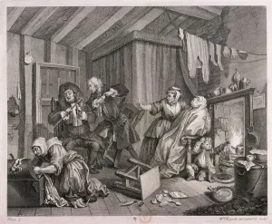 Harlot Prints: In a high saliuation [sic] at the point of death, plate V of The Harlots Progress, 1732