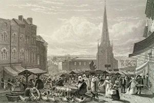 Cox David Prints: The High Street Market, Birmingham, 1827. Creators: David Cox the Elder, William Radclyffe