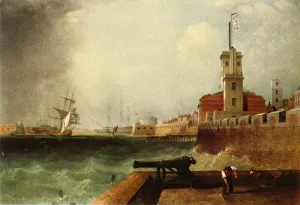 Solent Prints: High tide below the Battery, Portsmouth Harbour, 1846, (1942). Creator: John Lynn