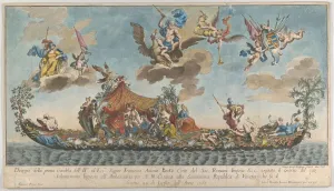 Goddesses Prints: The highly ornamented first gondola of Francesco Antonio Berka entering Venice