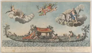 Goddesses Prints: The highly ornamented second gondola of Francesco Antonio Berka entering Venice