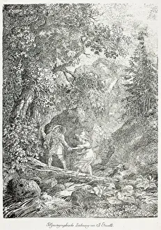 Hiking Prints: Hiker Crossing Over a Mountain Stream on a Tree Trunk with a Woman