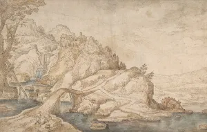 Hilly Landscape with River, Bridge and Houses with Two Figures at Left Hilly Landscape with River, Bridge and Houses with Two Figures at Left