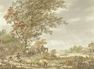 Pigs Prints: Hilly landscape with swineherd, a river in the distance, 1791. Creator: Jacob Cats