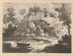Hilly River Landscape, a Boat in the Water at Foreground Left, a Figure on the Far Shor